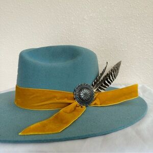 Charlie1horse custom blue hat with yellow ribbon and feather accents size small